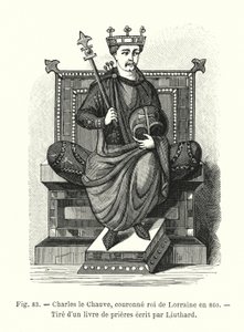 Charles the Bald, kronet til konge av Lorraine i 860, Fra en bønnebok skrevet av Liuthard (gravering) av French School