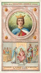 Karl den enkle gir datteren Gisele til Rollo av Normandie i ekteskap, 911 (chromolitho) av French School