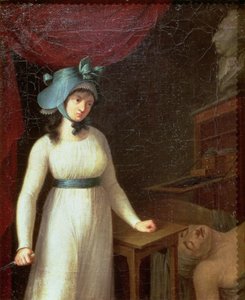 Charlotte Corday (1768-93) og attentatet på Jean Paul Marat (1743-93) i hans bad av French School