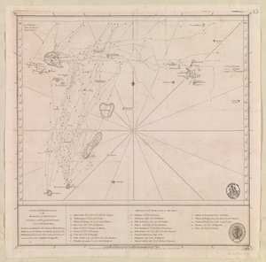 Kart over øygruppen nordover Mauritius, fastsatt i 1776 av løytnant M le Victe Grenier i den franske marinen [Inkluderer Seychellene, den sørligste delen av Maldivene på Mauritius og Chagos-øygruppen] av French School