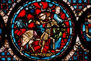 Chartres-katedralen, glassmaleri som viser et sirkulært glassmaleri av den gode samaritanske katedralen av French School