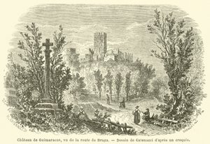 Chateau de Guimaraens, sett fra veien til Braga (gravering) av French School
