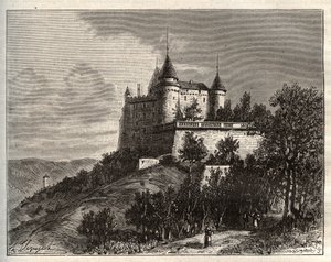Chateau de Mercues - Cahors - gravering i "La France illustree: geografi, historie, statistisk administrasjon" av VA Malt-Brown. 1884 av French School