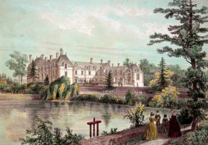 Chateau de la Loire: Utsikt over Chateau de la Seilleraye i Carquefou (Loire Atlantique). Trykk fra 1800-tallets privatsamling av French School