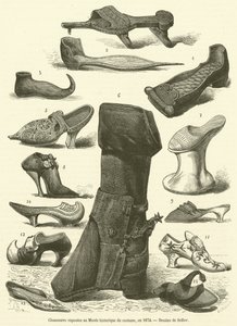Sko utstilt på Historical Costume Museum, i 1874 (gravering) av French School