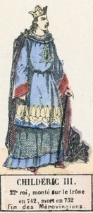 Childeric III, 22. konge, besteg tronen i 742, døde i 752, End of the Merovingians (farget gravering) av French School