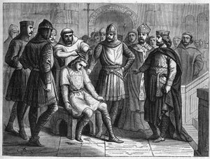 Childeric III, last Merovingian king, detrone by Pepin le Brief, king of the Franks, was locked up in the monastery of Sithiu, near Saint-Omer, in 751. 19th century engraver. av French School