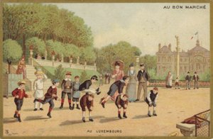 Barn som leker sprangfrosk i hagene i Luxembourg av French School