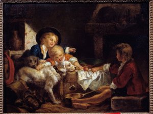 Barn Tre små barn og to hunder i en låve. Maleri av den franske skolen. Privat samling fra 1700-tallet av French School