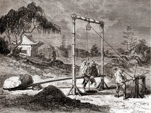 Kinesiske arbeidere på 1800-tallet graver en brønn for utvinning av saltvann, fra 