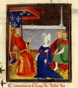 Christine henvender seg til Louis d’Orléans, MS Harley 4431, f.58v, Frankrike, ca. 1410-14 (farge på pergament) av French School