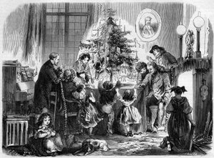 Julefest i Alsace: en familie gjenforent rundt juletreet. Gravering i "" Le Monde Illustré"" nr. 38 av 2. januar av French School