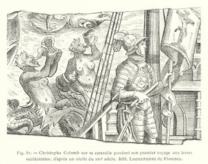 Christopher Columbus på karavellen sin under sin første reise til vestlige land; etter en niello fra 1500-tallet, Bibl Laurentienne de Florence (gravering) av French School