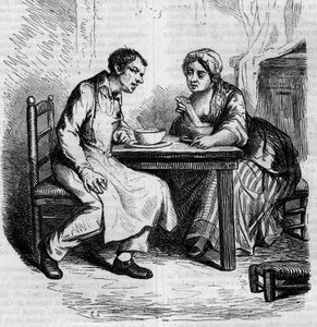 Christophe and the fat Sylvie: servants having breakfast. Engraving mid 19th century. Illustration for “The Father Goriot” by Honore de Balzac (1799-1850). av French School