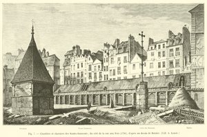 Kirkegård og massegraver til Saints-Innocents, på rue aux Fers-siden, 1780, etter en tegning av Bernier, Coll A Lenoir av French School