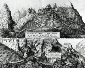 Byen Saorge, Frankrike, under Savoy-styre, gravering av French School