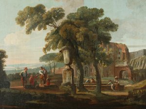 Klassisk landskap med urne, ca. 1700 (olje på lerret) av French School