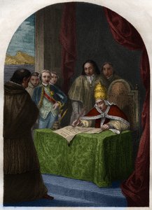 Clement XIV (Clemente or Clemens) (1705-1774) abolishing the Jesuites Society on 21 July 1773. Engraving from 1842 in “Histoire des popes: crimes, murders, poisonings, parricides, adulteres, incest... by Maurice Lachatre. Private collection. av French School