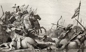 Clodion, The Hairy (ca. 428-47) trekker seg tilbake over broen etter hans nederlag av Aetius, fra 