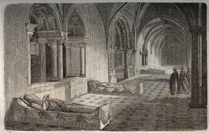 Cloister of Fontevrault med statuer av Henri II - Eleonore de Guyenne - gravering i "Histoire de France" av Victor Duruy (1811-1894) - 1882 av French School