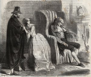 Clotilde Sprengel and Zacharie Bergmann watch German doctor Petrus Schultz asleep in front of the 18th century. Engraving from 1871 in “Histoire Des Cocuses Celebres”” by Henry de Kock (1819-1892). av French School