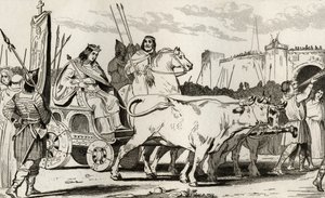 Clovis III (682-95) i en vogn trukket av okser, med Pepin II av Herstal (ca. 714) Riding Alongside Him, fra 