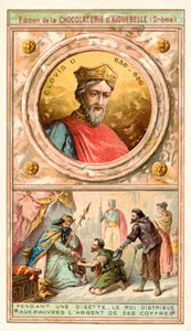 Clovis II gir penger fra kassen til de fattige i en tid med motgang, 7. århundre (chromolitho) av French School