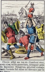 Clovis, alliert med kongen av Cambrai, kom, med 5000 krigere, for å angripe nær Soissons Syagrius, den romerske generalen, hvis hær ble beseiret av den frankiske kongen. av French School