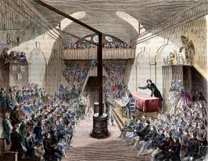Club des Jacobins - Paris rue Neuve-St Honore 1789 - View of the club of Jacobins. Former convent of the Order of St Dominica - A session at the club of Jacobins, during the Revolution of 1789 - Engraving of 1844 - French Revolution. A session at the Jacob av French School