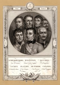 Koalisjons militære sjefer for Napoleonskrigene: Fabian Gottlieb von der Osten-Sacken, russisk infanterigeneral; Matvei Platov, russisk general med kommando over Don-kosakkene; Karl Philipp von Wrede, bayersk general; Francisco Javier Castanos, Sp av French School