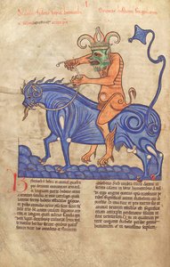 Torsk. Guelf. 1 Gud. lat. 41V, Satan som rir på en Behemoth, fra Liber Floridus av Lambert de Saint-Omer ca. 1120 av French School