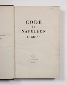 Code of Napoleon the Great, åpen på tittelsiden, utgitt Firenze, Molini, Landi et Cie, 1809 av French School