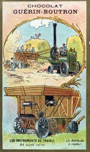 Samlerkort fra Chocolat Guerin-Boutron som viser en damptreskemaskin