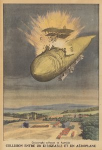 Kollisjon mellom et luftskip og et fly i Østerrike (farge litho) av French School