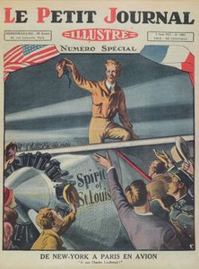 Oberst Charles Lindbergh (1902-74) ved ankomst til Le Bourget flyplass etter den første transatlantiske flyturen fra New York til Paris 21. mai 1927, forside av Le Petit Journal, 5. juni 1927 (kol.