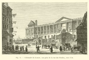 Colonnade of Louvre, utsikt tatt fra rue des Poulies, rundt 1758 av French School