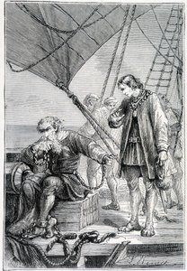 Columbus bundet som en skurk (på skipsdekk), syk. "" Discovery de la Terre"" av Jules Verne, red. Hetzel, n.d. 19. av French School