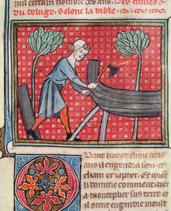 Konstruksjon av en båt, fra Bible Historiale av Guiart des Moulins