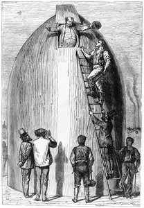 Konstruksjon av en rakett, illustrasjon fra Fra jorden til månen av Jules Verne (1828-1905) Paris, Hetzel, utgitt i 1865 av French School