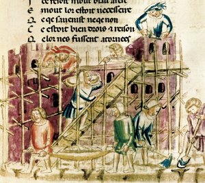 'Konstruksjon av en festning' Miniatyr av et manuskript fra 1300-tallet Paris, BN av French School