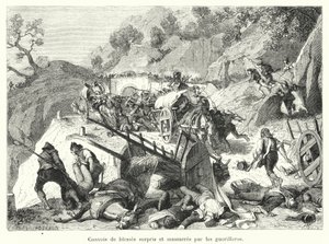 Konvoier av sårede overrasket og massakrert av geriljaen (gravering) av French School