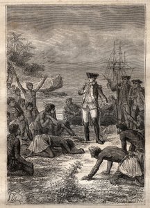 Cooks mottakelse av de innfødte - Tredje reise til James Cook - Cook velkommen av de innfødte - Tredje reise til James Cook i Stillehavet - illustrasjon hentet fra "The Great Mariners of the 18th century" av Jules Verne av French School