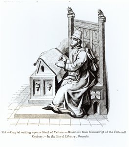 Copyist Writing upon a Sheet of Vellum, fra et manuskript, illustrasjon fra Science and Literature in the Middle Ages and the Renaissance, skrevet og gravert av Paul Lacroix, 1878 (bw s. av French School