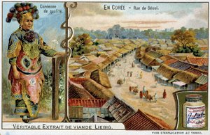 Coree: Seoul Street og kvinnekostyme - chromo Liébig, v.1900 av French School