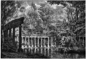 Korintisk søylegang rundt det ovale bassenget i Parc de Monceau, Paris av French School