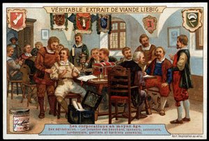 Bedrifter i middelalderen: en vurdering av jurandene til slaktere, garvere, såpemakere, skomakere, hansker og monterte barberere - reklamevignett Liébig, sent på 1800-tallet av French School