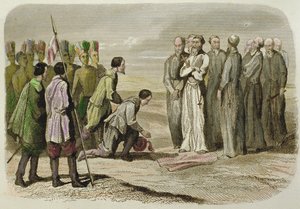 Cortes ved føttene til Martin de Valencia (håndfarget gravering) av French School