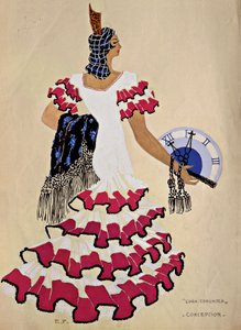 Kostymedesign for karakteren til Conception fra operaen 'L'heure Espagnole' av French School