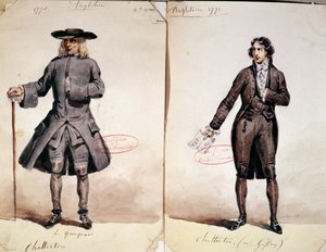 Kostymedesign for den første produksjonen av Chatterton av Alfred de Vigny (1791-1863): Quaker og Geffroy som Chatterton, 1835 (wc på papir) av French School