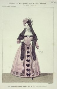 Kostyme for Mademoiselle Dorus i rollen som Donna Elvira i Don Giovanni, gravert av Maleuvre, trykt av Hautecoeur-Martinet av French School